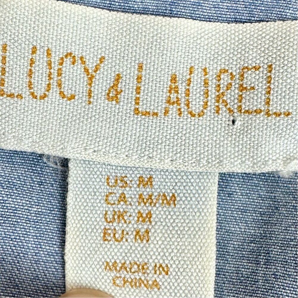 Lucy & Laurel Women's Blue Chambray Top Size M Long Sleeve Collared Blouse - Picture 5 of 10